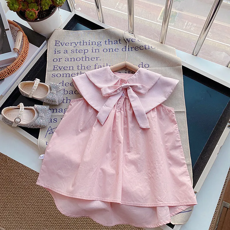 Gaun Anak Perempuan Pakaian Musim Panas Gaun Rompi Ruffle Kerah Ganda Merah Muda Gaun Putri Tanpa Lengan Anak