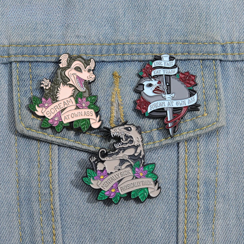 Scream At Own Ass Enamel Pins Custom Opossum Bucktooth Live Fast Brooches Lapel Badges Funny Animal Jewelry Gifts Wholesale