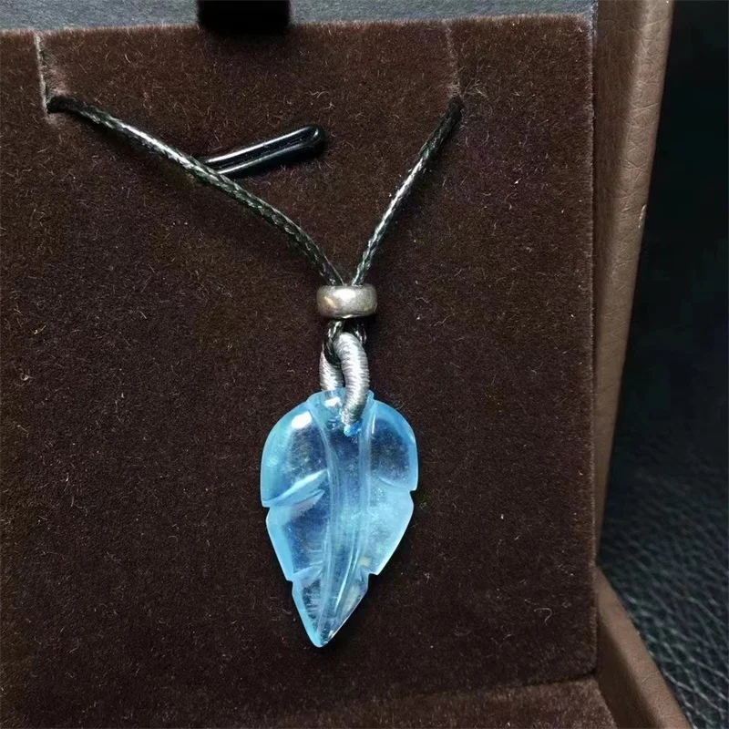 S925 Natural Aquamarine Leaf Pendant DIY Necklace Bracelet Children Healing Fengshui Jewelry Gift 1PCS