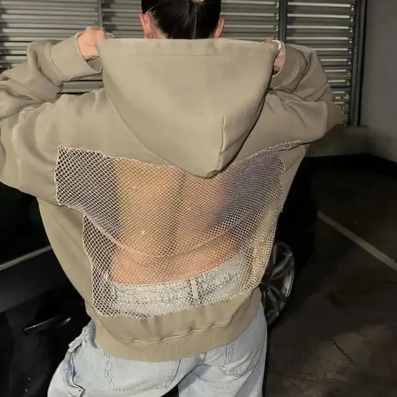 

Y2K новая сексуальная полосатая сетчатая куртка с капюшоном в американском готическом стиле, женская мода, полупрозрачный пуловер, толстовка, повседневная толстовка с длинным рукавом