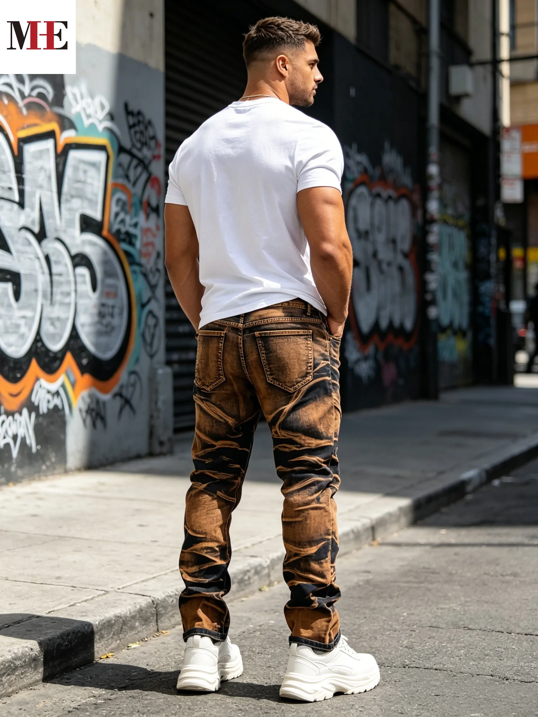 HME Vintage Streaky Washed Denim Pants, Mud Two-Tone Long Denim Pants with Swirl Fade Texture for Street Retro Outfits