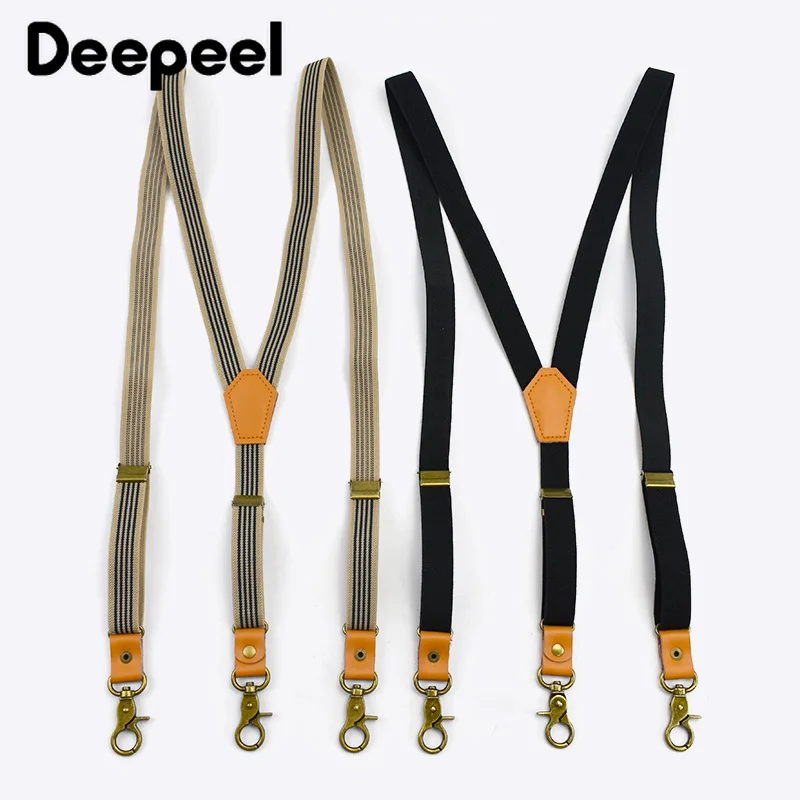 1Pc 2*110cm Vintage Men's Suspenders Y-Type 3 Clips Sanp Hook for Suit Trousers Adjustable Shoulder Strap Leather Rivet Buckles