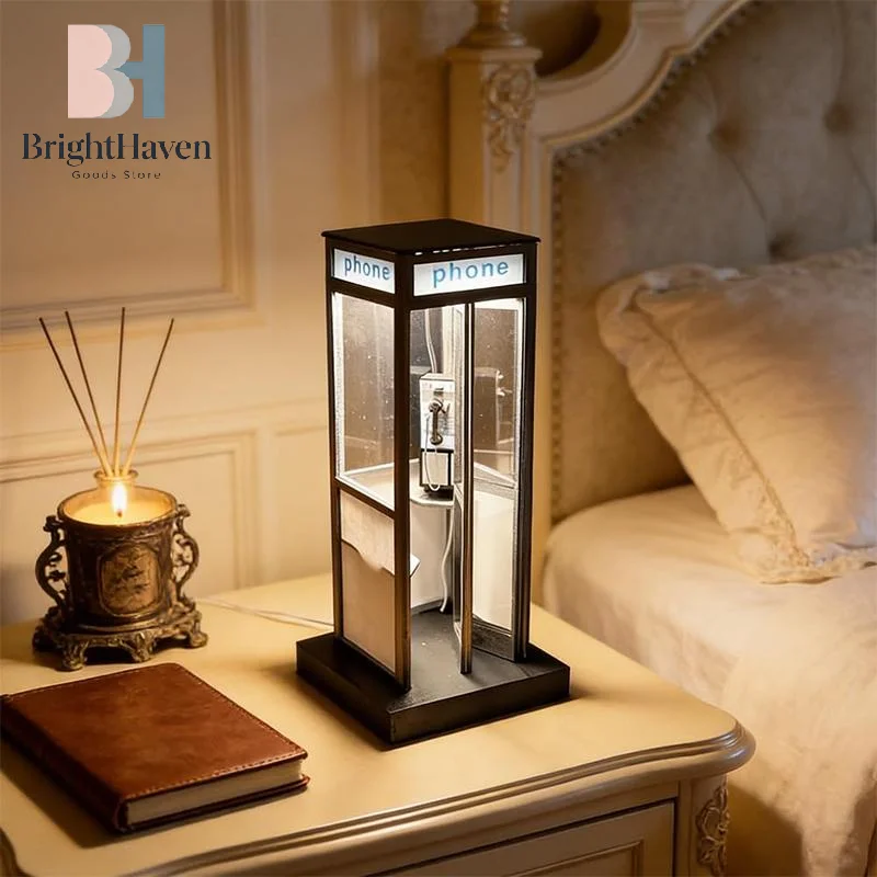 Retro Vintage Tall Phonebooth Lamp, Classic Telephone Booth Table Lamp With Warm LED Light, Phone Box Decorative Night Light B.H view 3