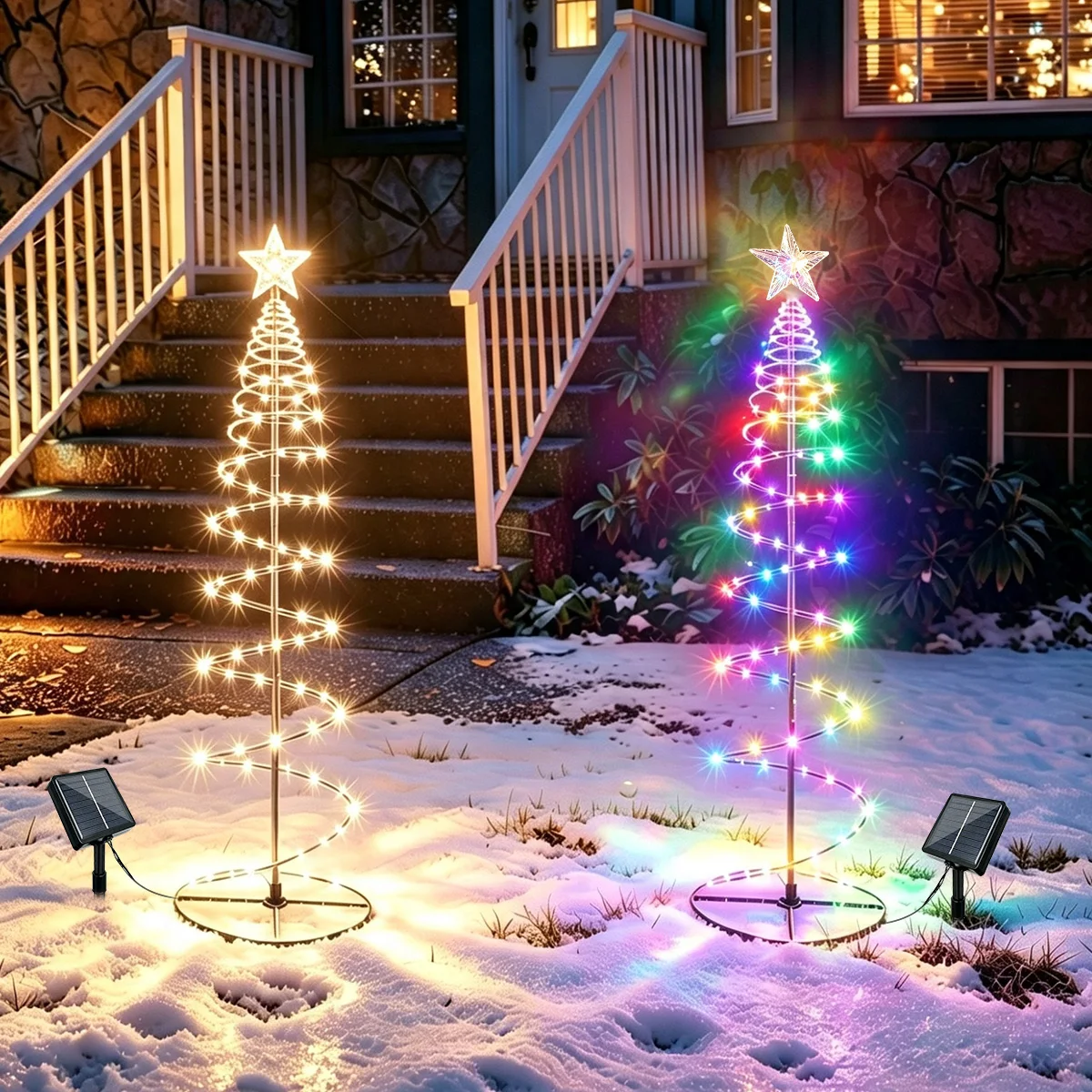 Solar Spiral Christmas Tree Lights Star Topper Waterproof Outdoor LED Yard Lawn  Decor Lamp 8 Lighting Modes Atmosphere Light