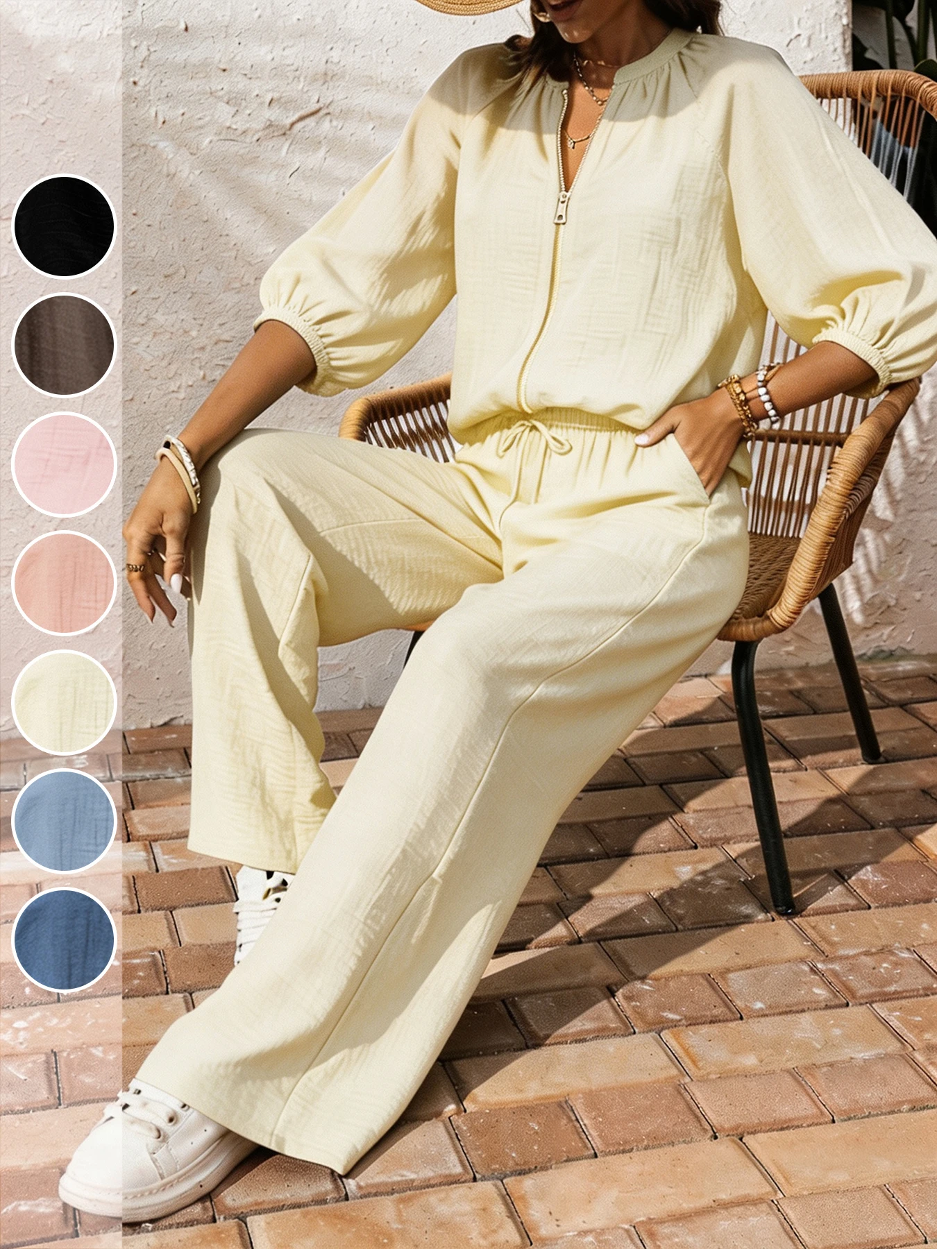 Women Textured Co‑ord Sets Stand Collar Half Zip Puff Sleeve Top&Drawstring Wide Leg Pants Casual Two Piece Outfit With Pockets