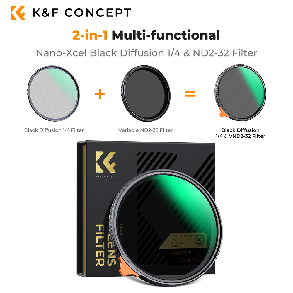 K&F Concept Nano-X 2in1 Variable ND2-ND32+1/4 Black Mist Filter 49/52/55/58/62/67/72/77/82mm HD 28 Multi-Layer Coatings