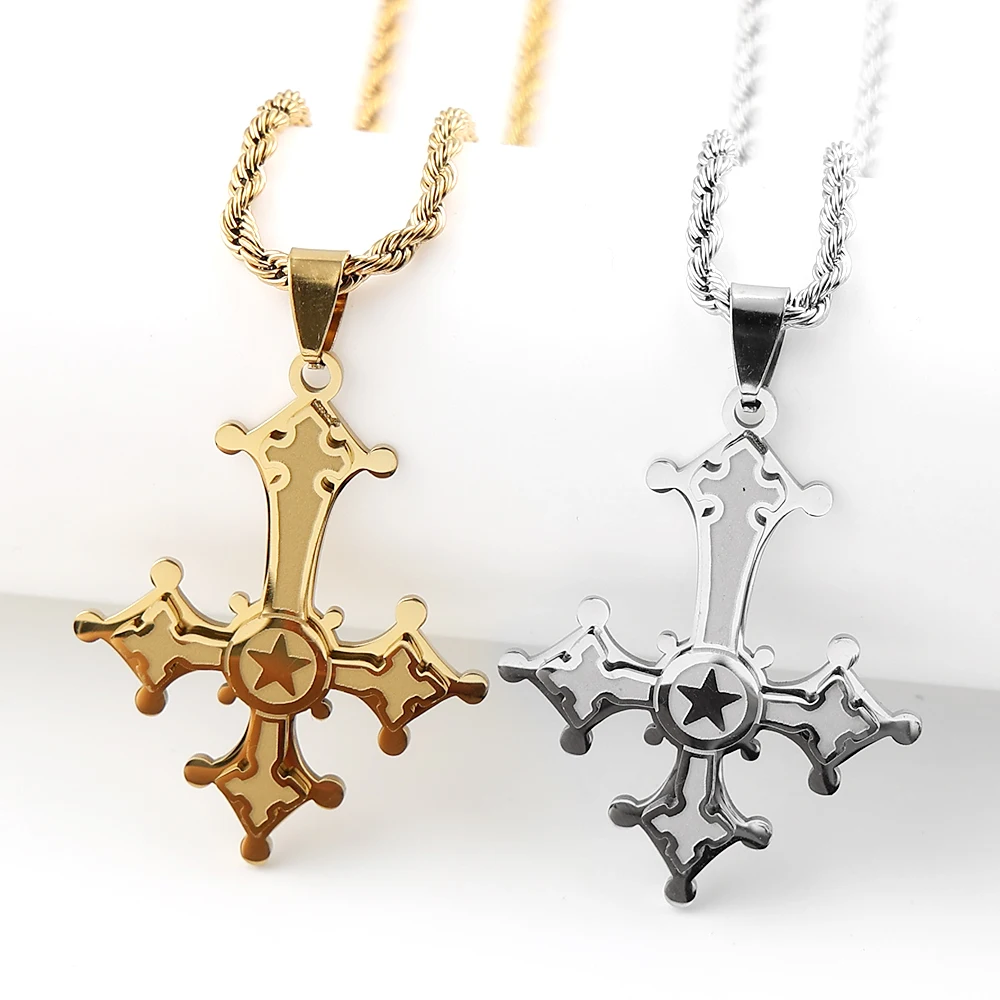 Gothic Inverted Upside Down Cross Pendant Necklace for Women Men Stainless Steel Satanic Pagan Wiccan Occult Chain Jewelry Gift
