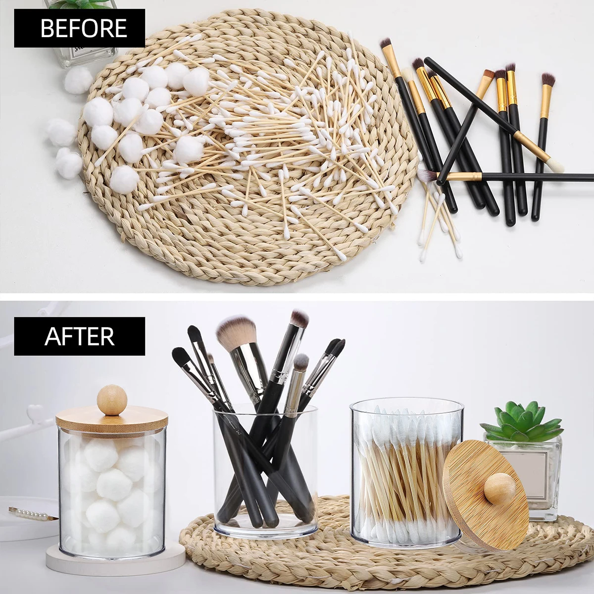 3Pcs Acrylic Cotton Swab Storage Box Qtip Dispenser With Wood Trays Transparent Bathroom Jar Makeup Organizer Holder New