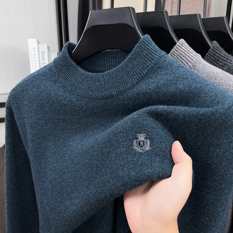 100% Wool men's autumn high quality sweater round neck thicken Britain keep warm knitwear leisure fashion Men's clothing  tops