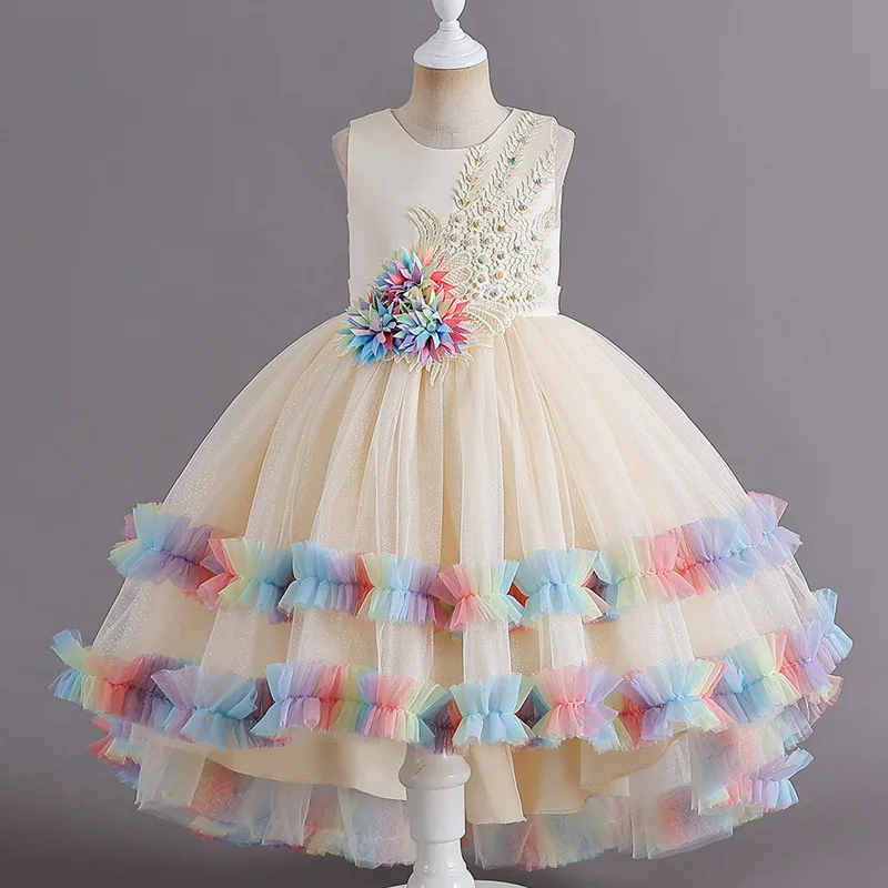 Girls' sleeveless trailing dresses, evening gowns, netting puff dresses, perfect for performances and weddings, princess dresses
