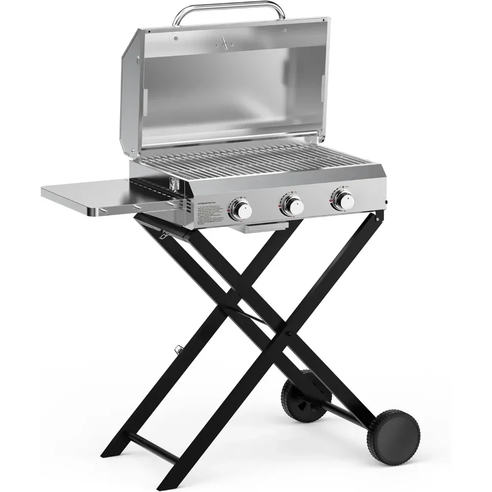 Propane Grills, BBQ Burner with Foldable Cart & Side Table, Portable Propane Grill with Lid for Outdoor Patio, Backyard Barbecue