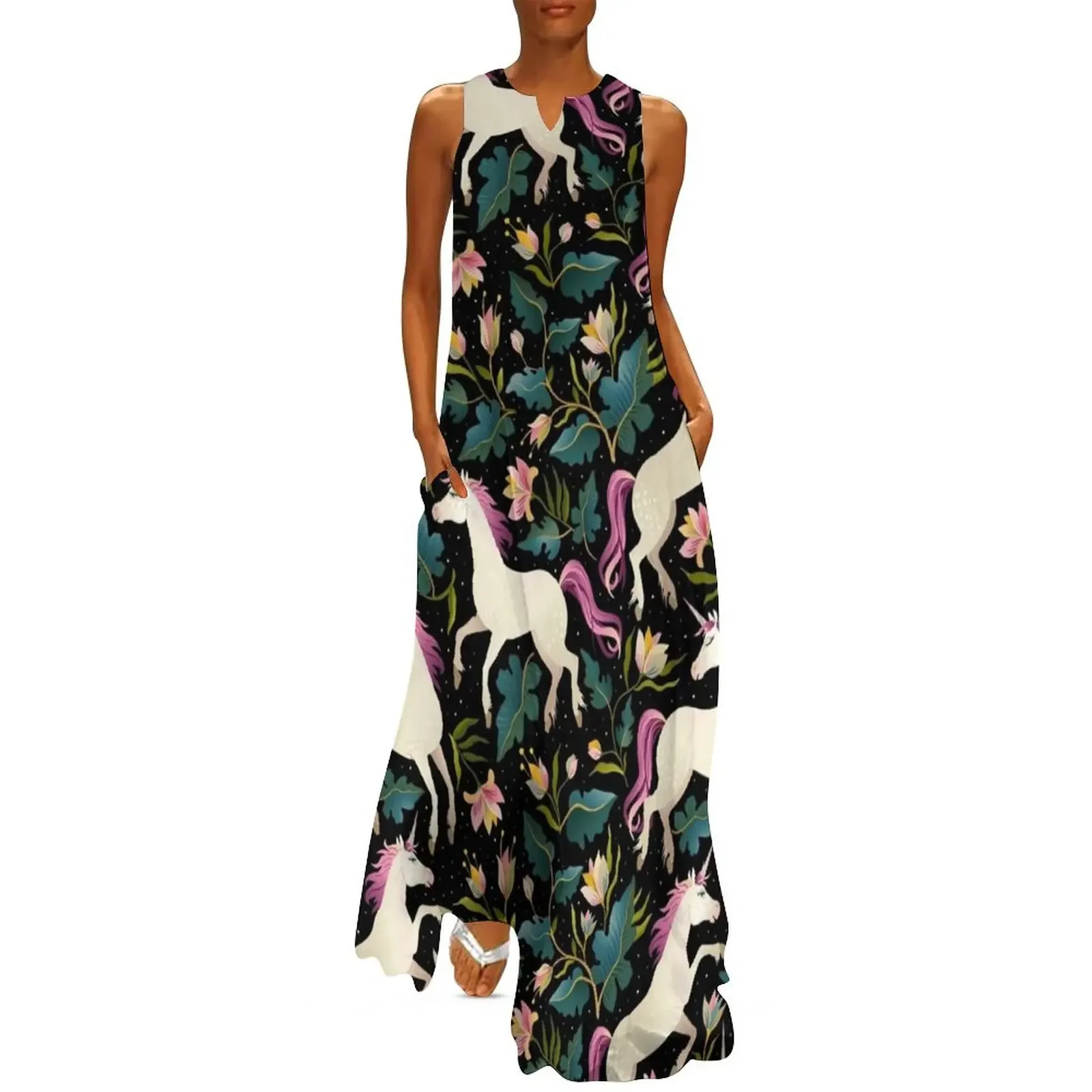 

Dancing Unicorns In The Garden Fantasy Tapestry Pattern Long Dress clothes dresses summer Woman clothing Dress