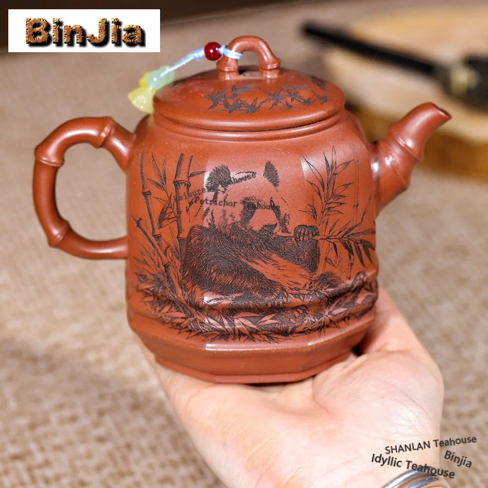 350ml Classic Yixing Purple Clay Teapots Handmade Panda Bamboo Pot Raw Ore Red Downhill Mud Kettle Zisha Tea Set Ornaments Gifts