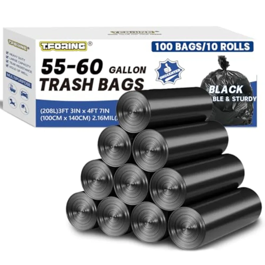 

55-60 Gallon Trash Bags Heavy Duty 2.1 Mil - 39''x55'' 100 Count Extra Thick Black Garbage Bags Unscented Strong Huge Can Liner