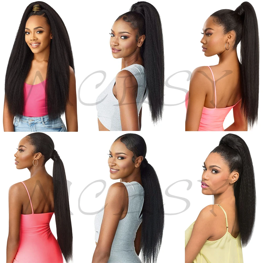 Synthetic Straight Long Yaki Ponytail Hair Extension 24 Inch Magic Paste Heat Resistant Wrap Around Ponytail for Black Women