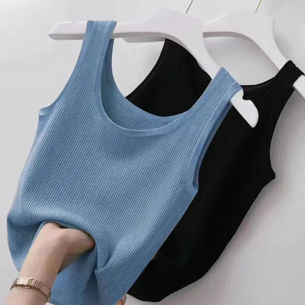 Polyester Sexy Sleeveless Camisole 2024 Solid Color Basic Top Summer Camisole T-Shirt Streetwear Tees Spring Knitted Tank Women