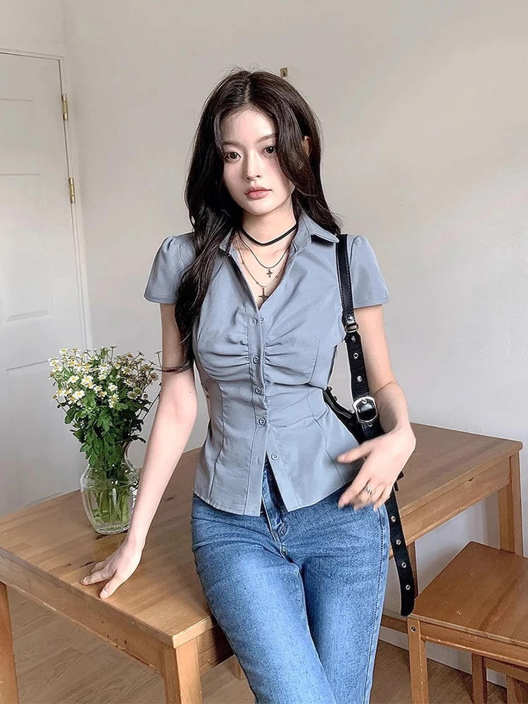 

Gagarich Wrinkled Single Breasted Lace Up Shirt Women Summer New Style French Design Slim Fit Versatile Short Sleeved Top