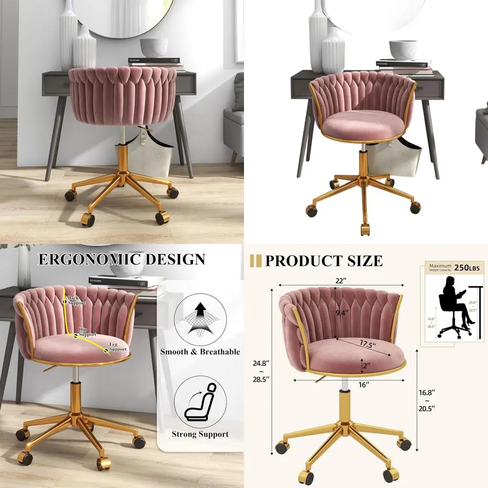 

Плюшевое офисное кресло с регулируемой высотой, розовая плетеная спинка, на колесиках с золотистым металлическим основанием для дома или косметической комнаты