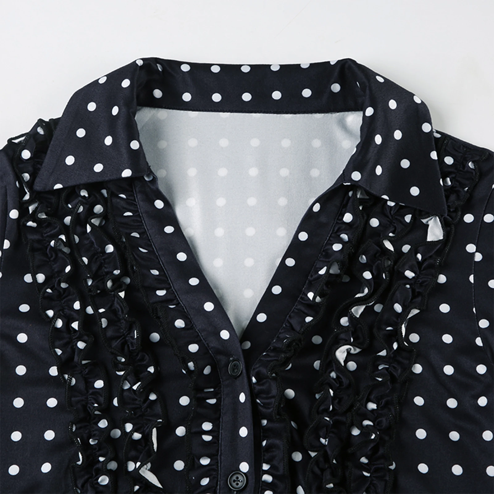 

Fall Spring Casual Tops Streetwear Women Long Sleeve Shirts Vintage Dot Print Frills V-Neck Turn Down Collar Button Down Blouses