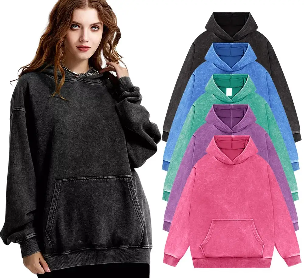 

100%Cotton Five Colors Women Vintage Washed Hoody Harajuku Casual Pullover Comfort Loose Hoodie Autumn Warm Fleece Tops