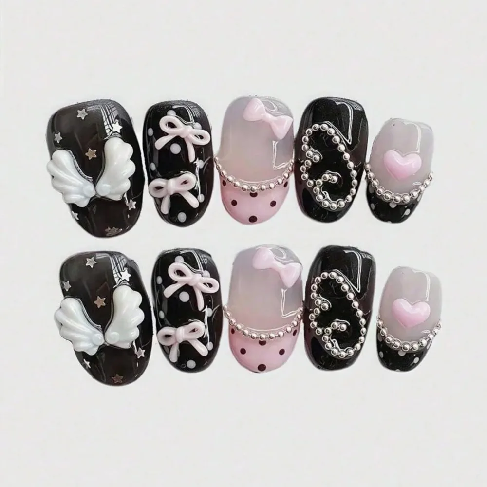 10 piezas de uñas postizas cortas circulares hechas a mano, hermosas uñas postizas, lazo rosa dulce y moderno, adecuadas para que las mujeres las usen.