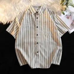 Retro Japanese Short Sleeved Striped Shirt for Women Short Sleeve Chiffon Blouse for Women Vintage Clothes Oversized Shirt