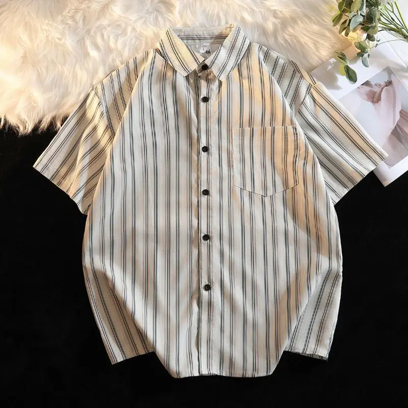 Retro japońska koszula w paski z krótkim rękawem dla kobiet szyfonowa bluzka z krótkim rękawem dla kobiet ubrania w stylu vintage koszula oversize