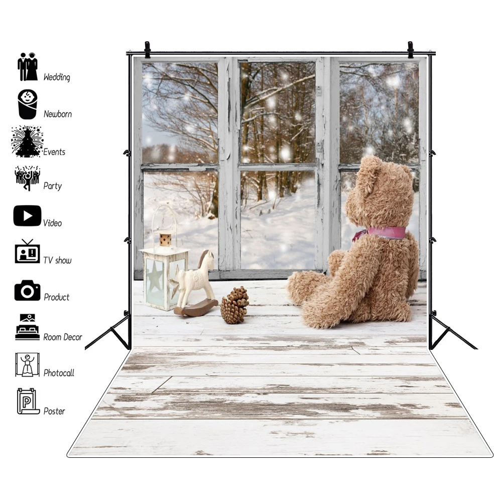 Christmas Photography Backdrop Wooden Floor Xmas Tree Fireplace Baby Birthday Family Party Background Photo Studio Decor Banner