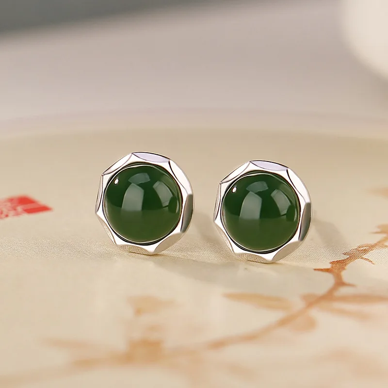 

S925 Sterling Silver Hetian Jade Bead Stud Small Delicate Earrings