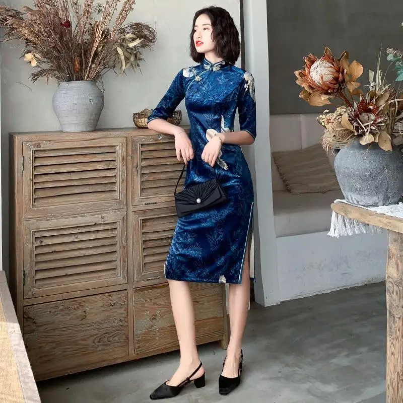 2023 Cheongsam Moderne Lange Mouw Qipao Jurk Chinese Traditionele Rode Blauwe Jurk Voor Vrouwen