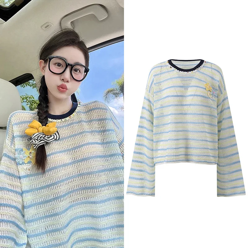 

Handmade Floral Hollow out Long Sve Knitted Top Fre Sweet Sle round Ne Overhead Design Commute Faion Ice Silk Mate...