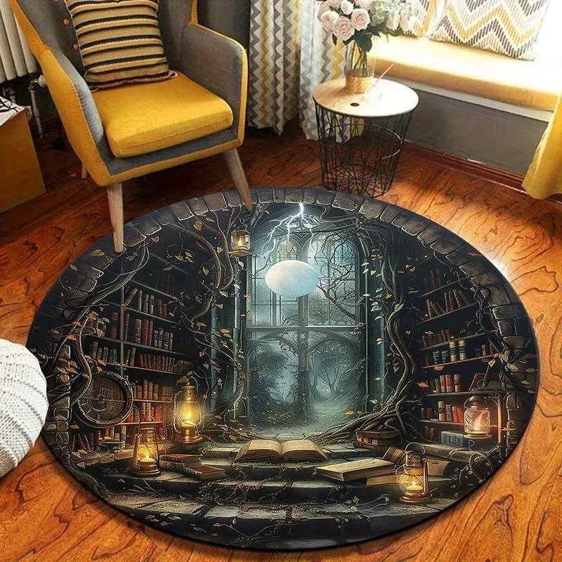 Mystic Enchanted Forest Round Area Rug Magic Fireflies Lantern Night Scene Floor Mat Fantasy Home Decor Carpet for Living Room