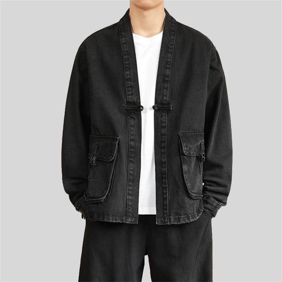 Large Size Denim Jackets Men Vintage Washed Jacket Mens Disc Buckle Loose Casual Jacket Coat for Man Spring Autumn Tang Suit 5XL