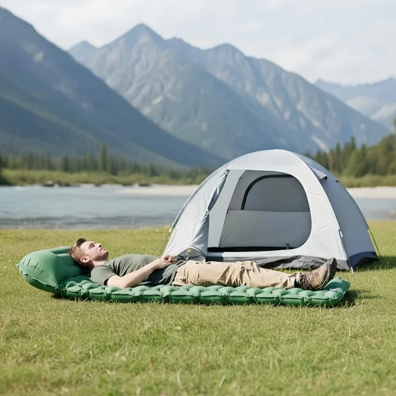 

Foot Pump Inflatable Sleeping Pad with Pillow, TPU Camping Mat for Outdoor Hiking, Lightweight Simple Style