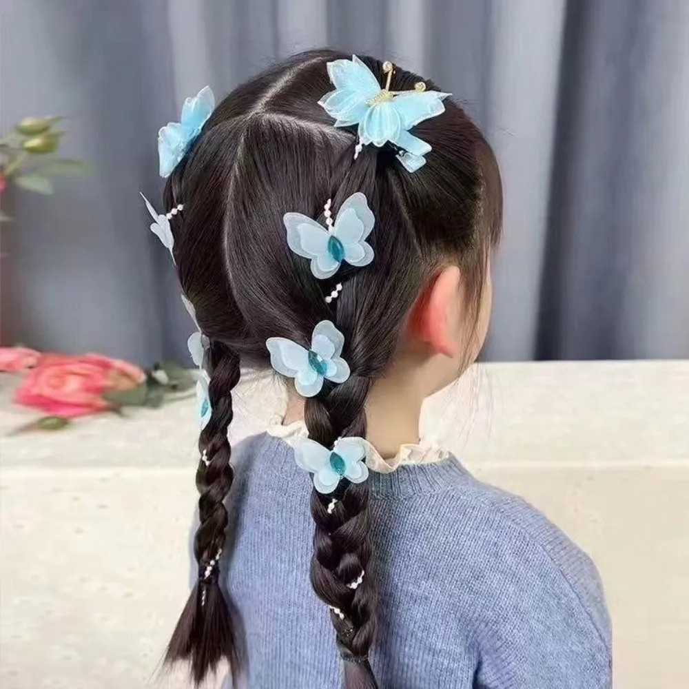 Sheer Mesh Butterfly Hair Clips Beaded Chain Long Tassel Hair Barrettes Gradient Wings Multi-Color Braided Hair Clips Parties