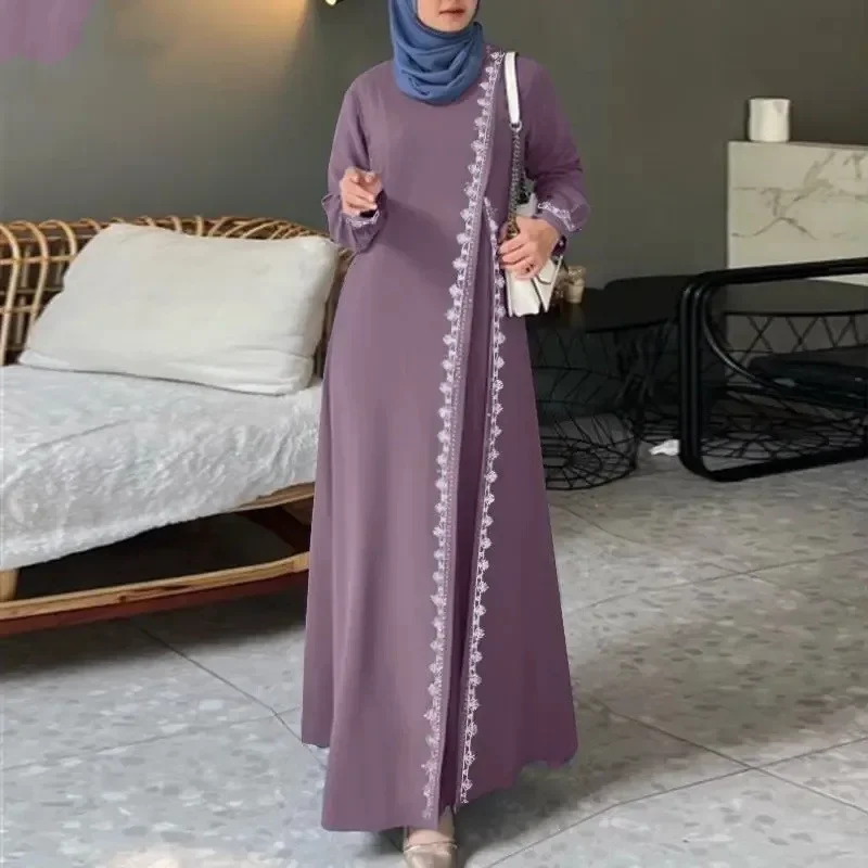 H726# Muslim Women's Long Sleeve Embroidered Dress Casual Spring Fashion Vest Dress Floral Print Loose Fit Maxi Dress