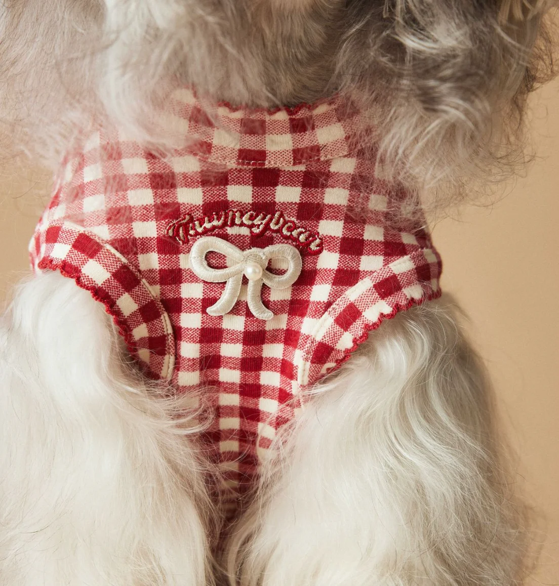 

Red Gingham Check Pet Shirt with Cute Bear Patch - Retro Dog Outfit for Small Dogs Schnauzer Poodle Dachshund