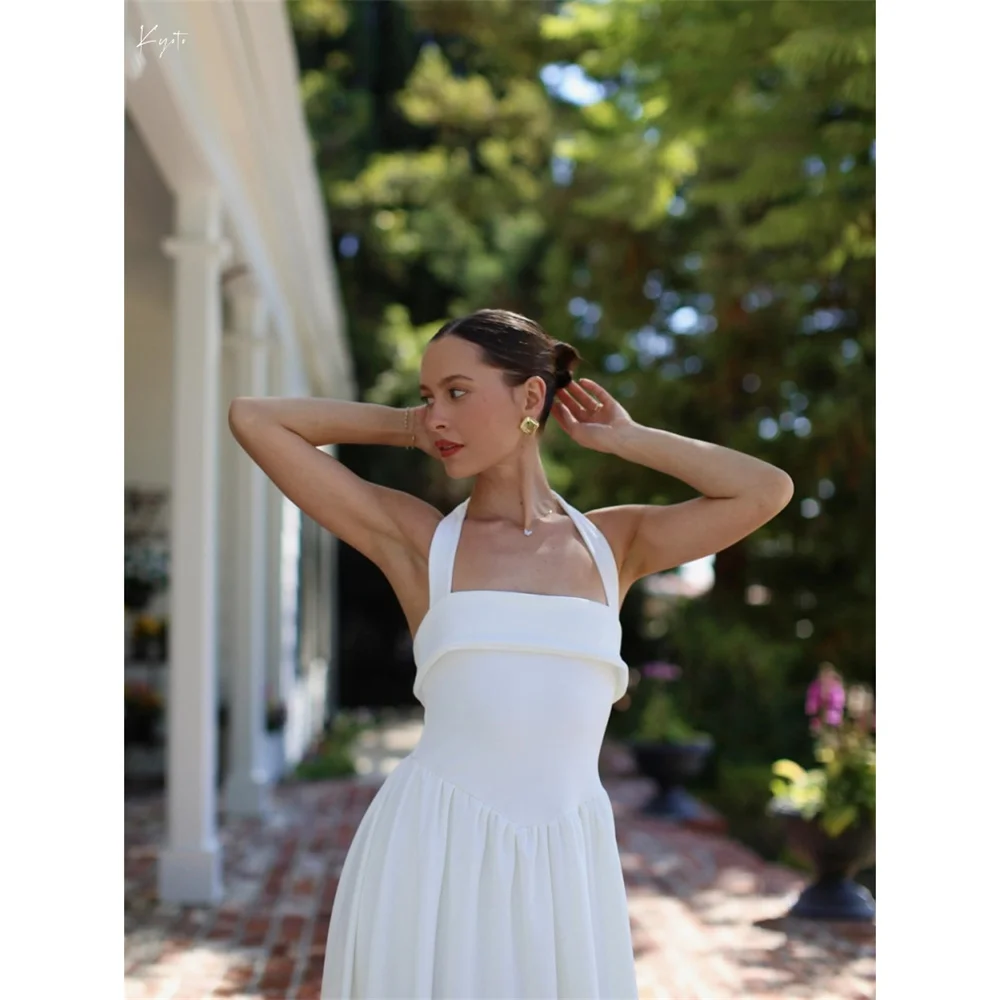 Kyoto Aangepaste Witte Eenvoudige Halter A-lijn Trouwjurk Elegante Mouwloze vestidos de noche Vloerlengte Formele Avond 2025