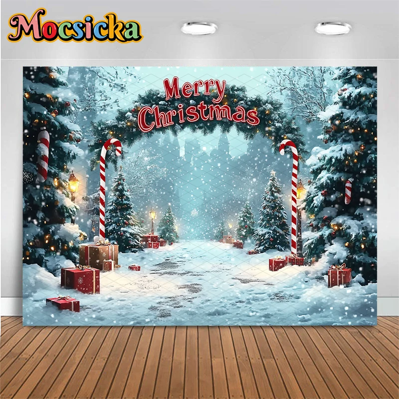 Mocsicka عيد ميلاد سعيد خلفية التصوير الفوتوغرافي اطلاق النار الدعائم شجرة عيد الميلاد غابة الثلج الهدايا زينة الأطفال الخلفيات راية