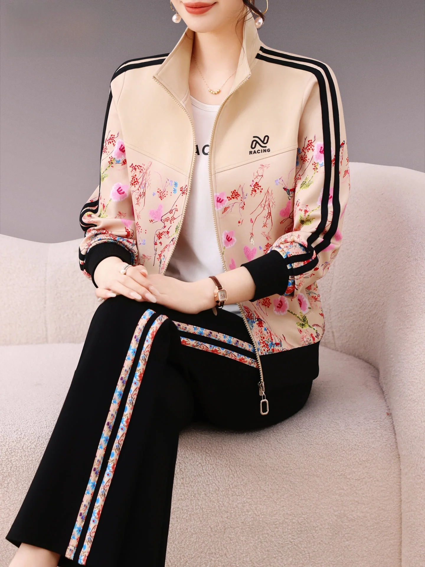 

Faionable Print Anti-Aging Sportswear Set Women Running Fitn Casual Slimming Mom Spring Autumn Tee-piece Suit