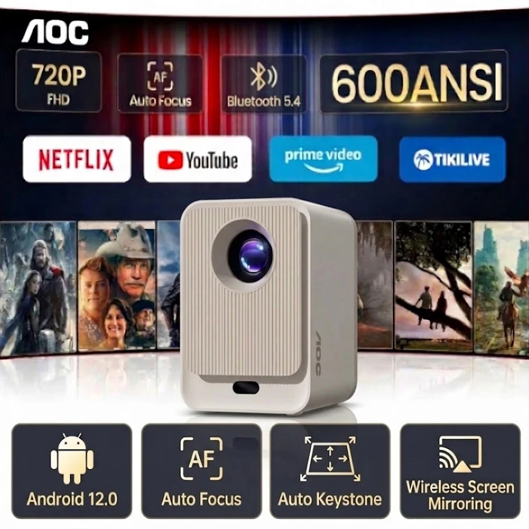 Support 8K/4K Decode AOC Mini portable projector 720P Native Build In Speaker Wifi 6 BT5.4 Wireless Screen Casting Home Theater
