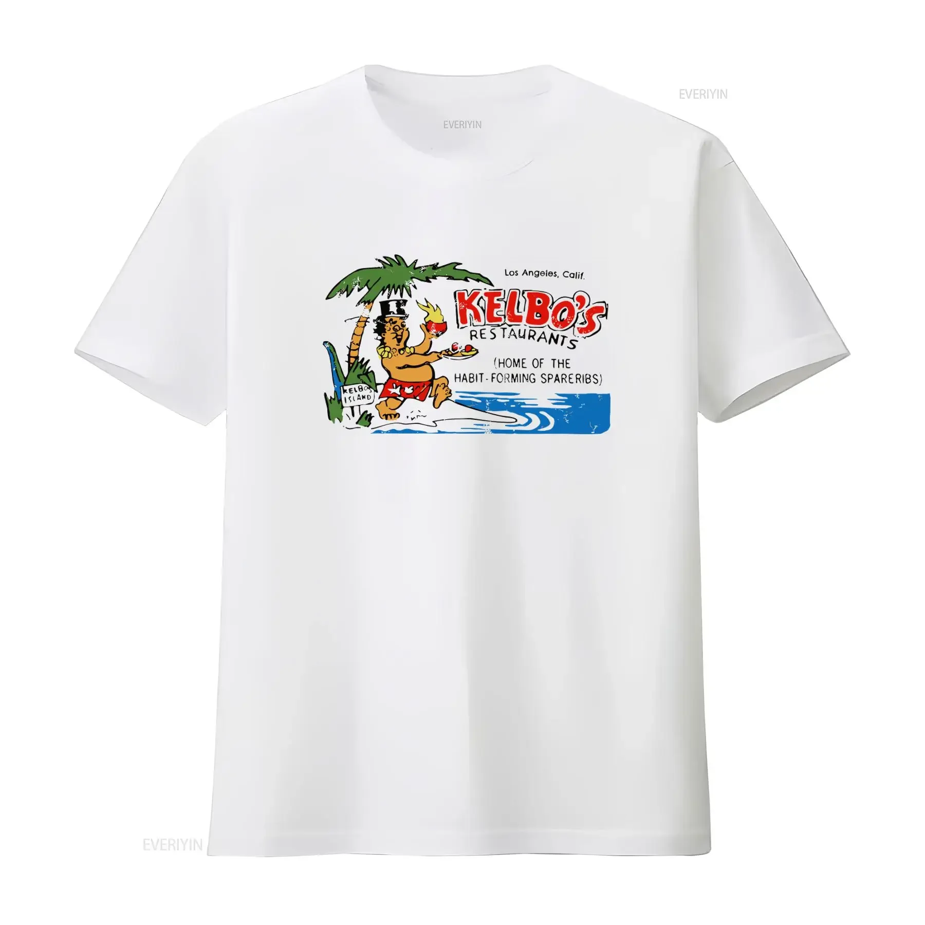 Retro Tiki T Shirt Bar Restaurant Mug Rum Polynesian Hawaiian Kelbos LA CA Home of the Habit Forming Spareribs vintage Washed