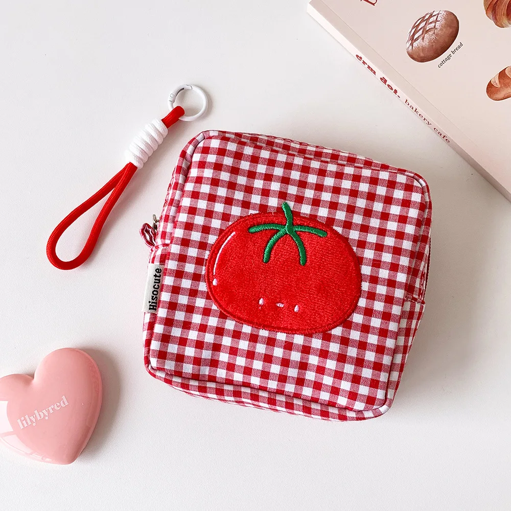 Tomato Plaid Storage Bag Square Portable Cosmetic Pouch Multifunctional Mini Organizer Bag CCD Camera Sanitary Napkin Lipstick