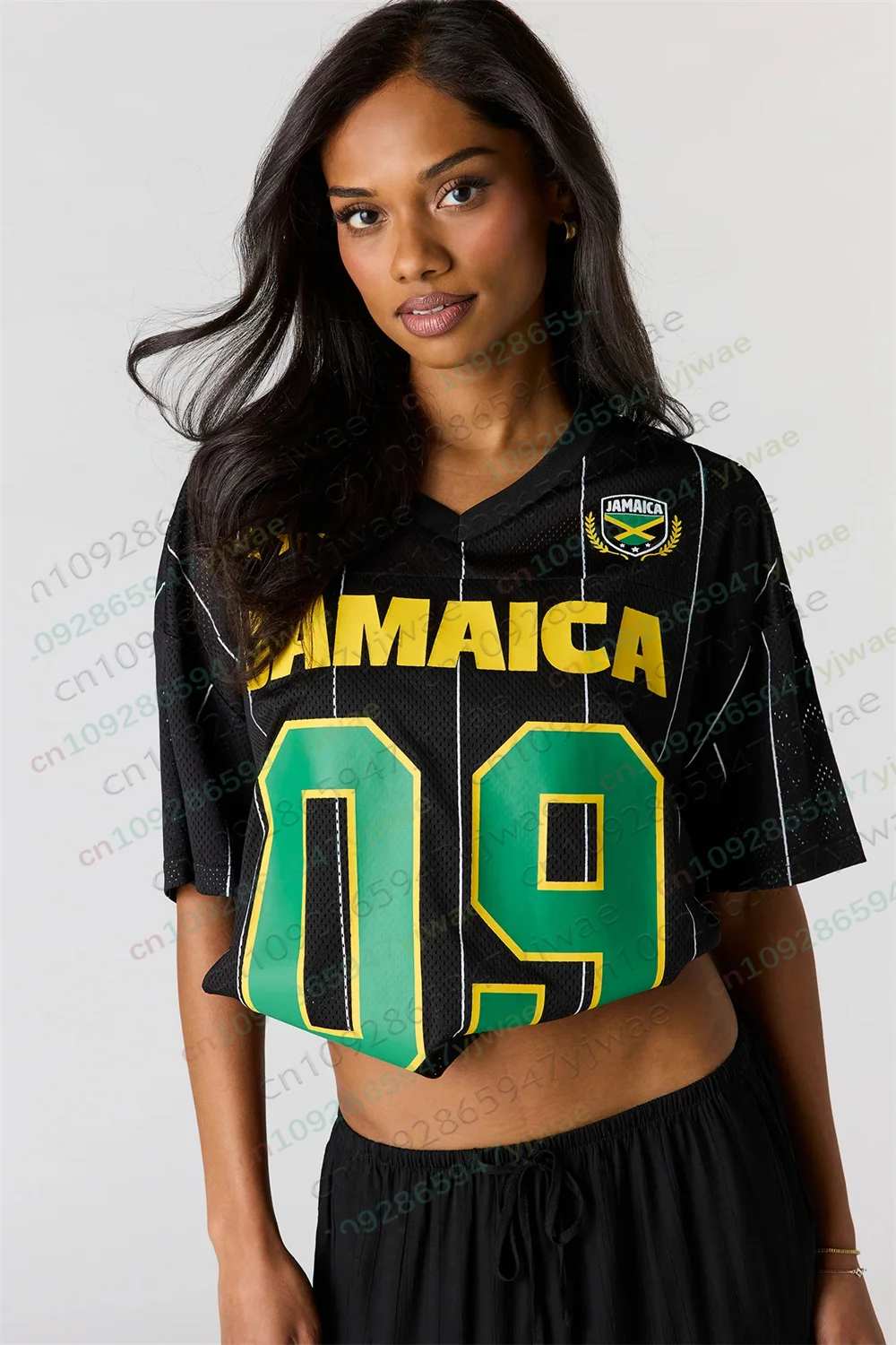2026 Jamaica Mesh Soccer Jersey Striped Letter Printed Short Sleeved Fashionable Streetwear Summer Women'S T-Shirt Y2k Top view 4