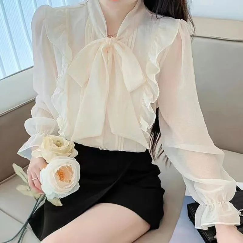 Sweet Ruffles Thin Shirt Tops Bow Short Sleeve Chiffon Pleated Youth All-match Blouse Summer Fashion Temperament Women Clothing