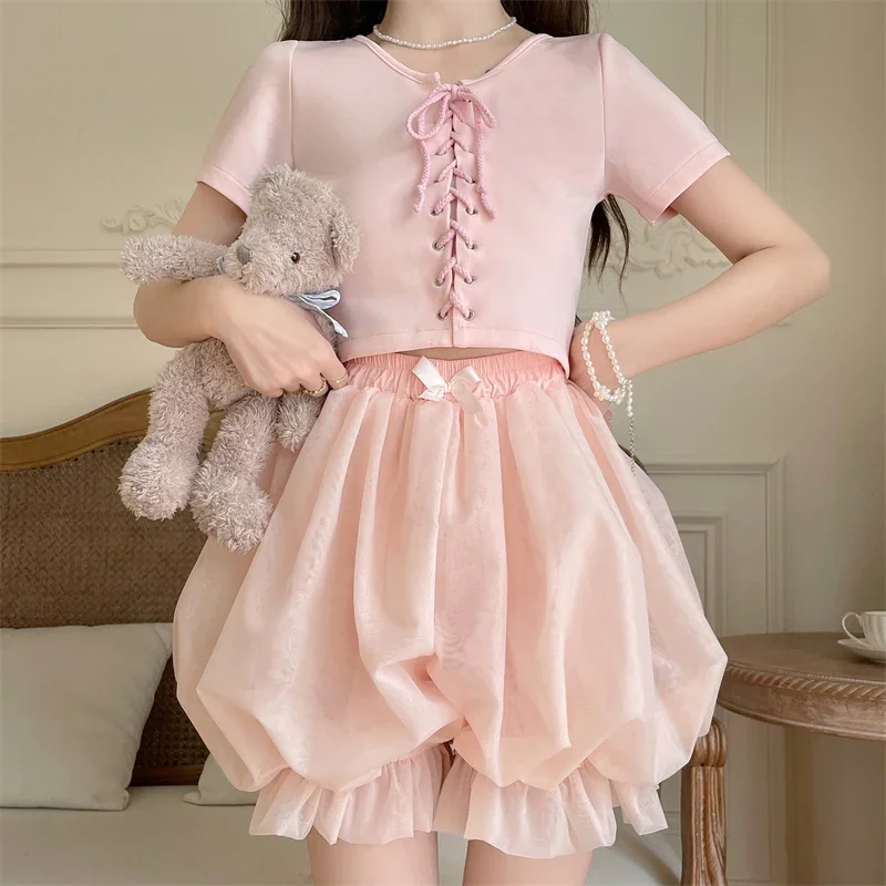 Kawaii น่ารัก Lolita ความปลอดภัยสั้นกางเกงผู้หญิงหวานญี่ปุ่น Fluffy Jk Bloomers Harajuku สีทึบ Ruffles กางเกงขาสั้นฟักทอง