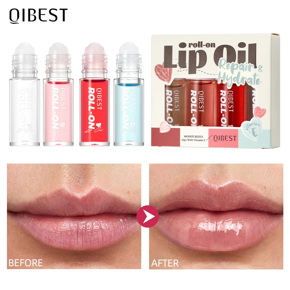 QIBEST 4Pcs Roll-On Lip Balm Moisturizing Clear Transparent Lip Oil Long Lasting Hydrating Rolling Bead Lip Gloss Woman Makeup
