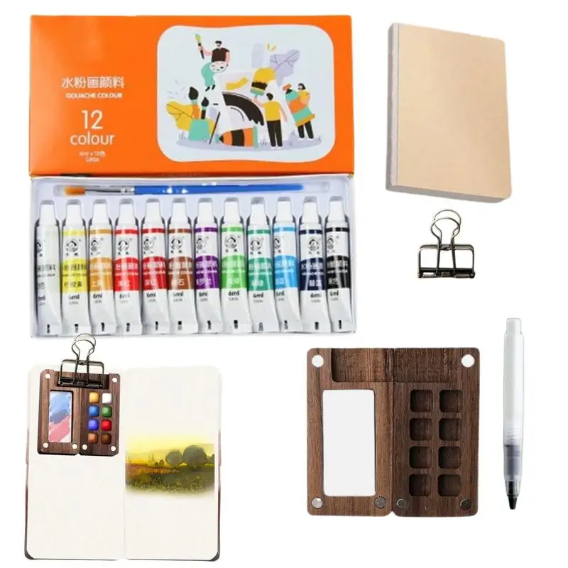 Mini Portable Watercolor Palette Set Watercolor Sketch Book with Binder Clips Portable Watercolor Travel Set for Travel Drawing