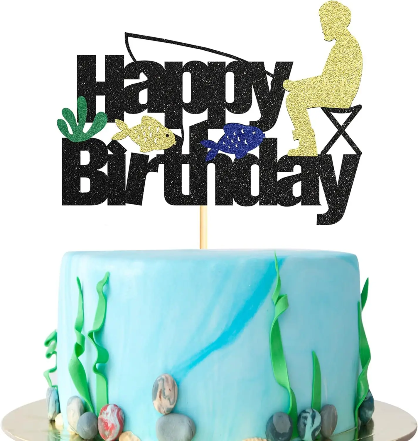 Cake Topper Fish Go Fishing Fisherman Fisher Boat Man Happy Birthaday Kids Party Cupcake Toppers Decoration Baking Supplies DIY