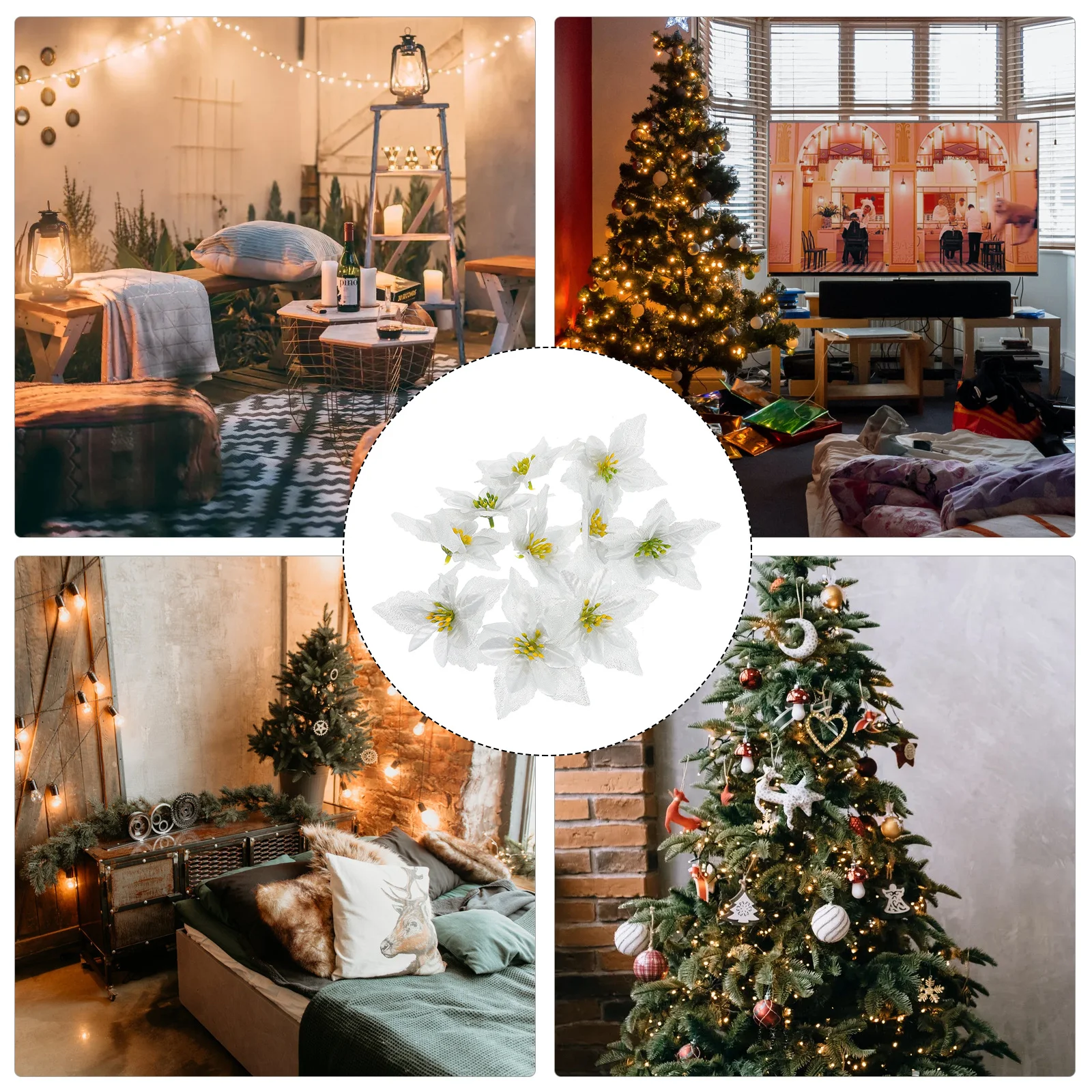 

10Pcs Christmas Flower Hanging Decorations Premium Silk Artificial Double-Layer Glitter Simulation Flowers for Xmas Party